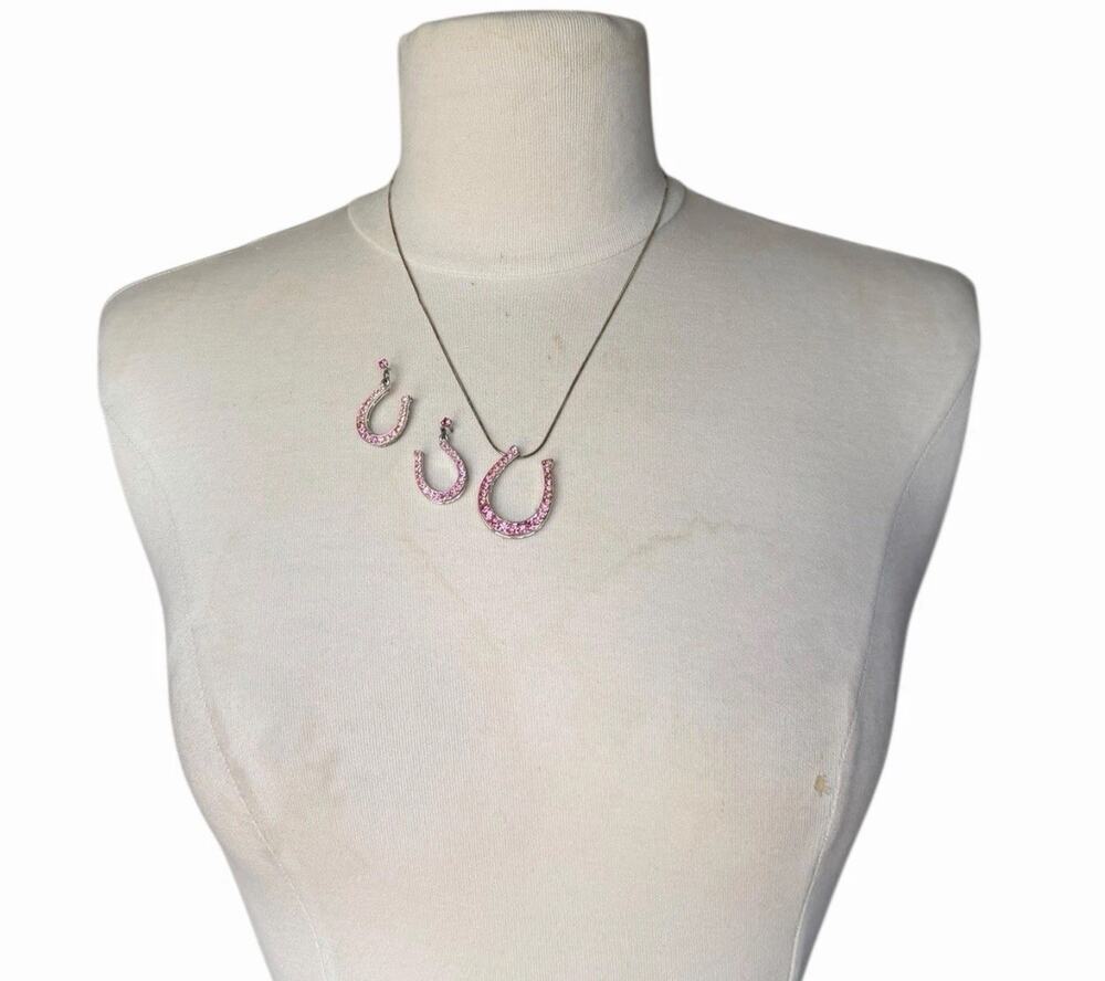 Pink Rhinestone Horseshoe Necklace And Dangle Earrings Western Cowgirl Set